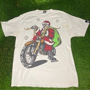 Vtg Y2K Metal Mulisha Militia Shirt Large White Short Sleeve Santa Clause Skull